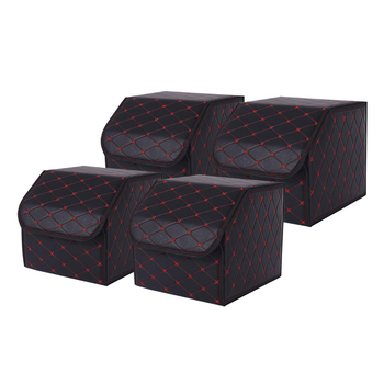 4X Leather Car Boot Collapsible Foldable Trunk Cargo Organizer Portable Storage Box Black/Red Stitch Small image