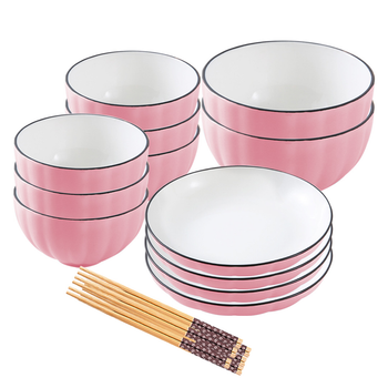 Pink Japanese Style Ceramic Dinnerware Crockery Soup Bowl Plate Server Kitchen Home Decor Set of 12 image