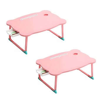 2X Pink Portable Bed Table Adjustable Folding Mini Desk With Mini Drawer and Cup-Holder Home Decor image
