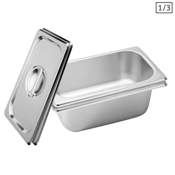 2X Gastronorm GN Pan Full Size 1/3 GN Pan 10cm Deep Stainless Steel Tray With Lid image
