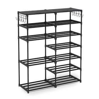 12-Shelf Tier Shoe Storage Shelf Space-Saving Caddy Rack Organiser with Side Hooks Black image