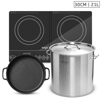 Dual Burners Cooktop Stove, 30cm Cast Iron Skillet and 21L Stainless Steel Stockpot 30cm image