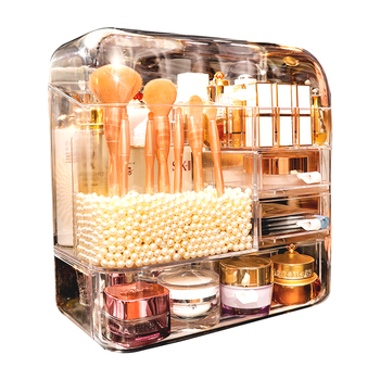 Transparent Cosmetic Storage Box Clear Makeup Skincare Holder with Lid Drawers Waterproof Dustproof Organiser with Pearls image