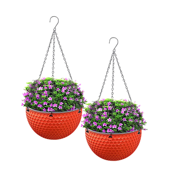 2X Red Medium Hanging Resin Flower Pot Self Watering Basket Planter Outdoor Garden Decor image