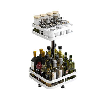 2 Tier Steel White Square Rotating Multi-Function Kitchen Portable Storage Spice Seasoning Kitchen Countertop Organiser Shelf image