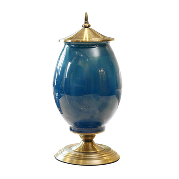 40.5cm Ceramic Oval Flower Vase with Gold Metal Base Dark Blue image