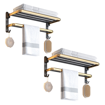 2X 62cm Wall-Mounted Double Pole Towel Holder Bathroom Organiser Rail Hanger with Hooks image