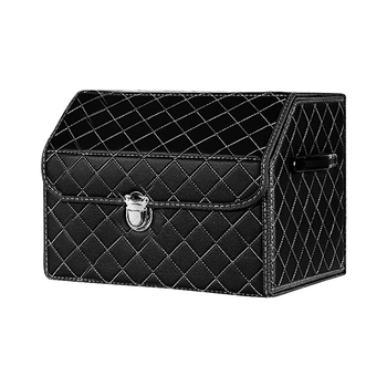 Leather Car Boot Collapsible Foldable Trunk Cargo Organizer Portable Storage Box Black/White Stitch with Lock Small image