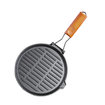 24cm Round Ribbed Cast Iron Steak Frying Grill Skillet Pan with Folding Wooden Handle image