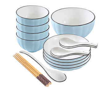 Blue Japanese Style Ceramic Dinnerware Crockery Soup Bowl Plate Server Kitchen Home Decor Set of 9 image