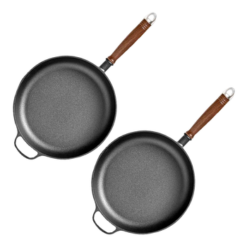 2X 29cm Round Cast Iron Frying Pan Skillet Steak Sizzle Platter with Helper Handle image