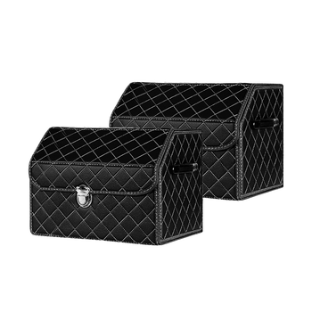 2X Leather Car Boot Collapsible Foldable Trunk Cargo Organizer Portable Storage Box Black/White Stitch with Lock Small image