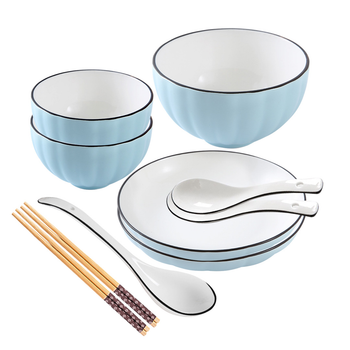 Blue Japanese Style Ceramic Dinnerware Crockery Soup Bowl Plate Server Kitchen Home Decor Set of 7 image