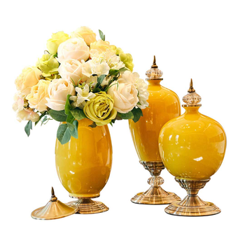 3X Ceramic Oval Flower Vase with White Flower Set Yellow image