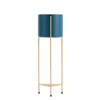 2 Layer 65cm Gold Metal Plant Stand with Blue Flower Pot Holder Corner Shelving Rack Indoor Display image