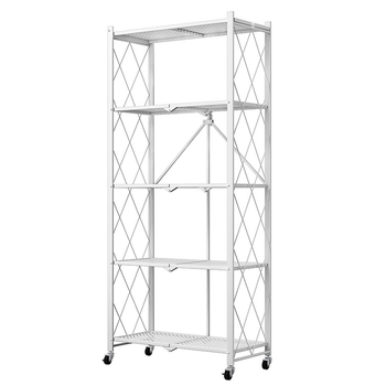 5 Tier Steel White Foldable Kitchen Cart Multi-Functional Shelves Portable Storage Organizer with Wheels image