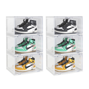 2X 3 Tier Transparent Portable Shoe Organiser Sneaker Footwear Folding Plastic Bin Stackable Storage Box with Magnetic Door image