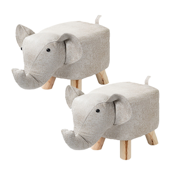 2X Beige Children Bench Elephant Character Round Ottoman Stool Soft Small Comfy Seat Home Decor image