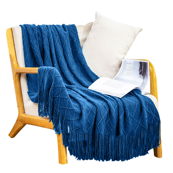 Royal Blue Diamond Pattern Knitted Throw Blanket Warm Cozy Woven Cover Couch Bed Sofa Home Decor with Tassels image