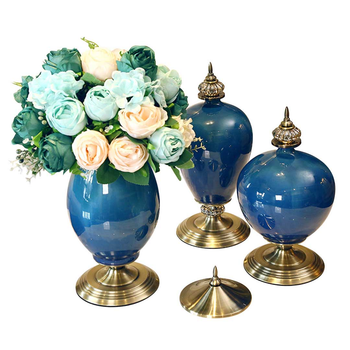 3X Ceramic Oval Flower Vase with Blue Flower Set Dark Blue image