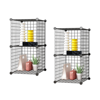 2X Black Portable 2 Tier Cube Storage Organiser Foldable DIY Modular Grid Space Saving Shelf image