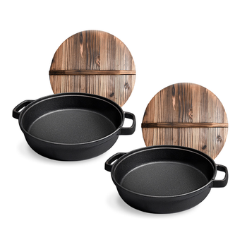 2X 35cm Round Cast Iron Pre-seasoned Deep Baking Pizza Frying Pan Skillet with Wooden Lid image