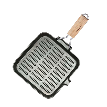 24cm Ribbed Cast Iron Square Steak Frying Grill Skillet Pan with Folding Wooden Handle image