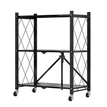 3 Tier Steel Black Foldable Kitchen Cart Multi-Functional Shelves Portable Storage Organizer with Wheels image