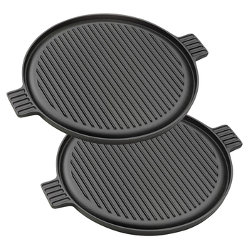 2X 43cm Round Ribbed Cast Iron Frying Pan Skillet Steak Sizzle Platter with Handle image