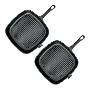 2X 23.5cm Square Ribbed Cast Iron Frying Pan Skillet Steak Sizzle Platter with Handle image