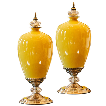 2X 42cm Ceramic Oval Flower Vase with Gold Metal Base Yellow image