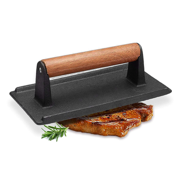 Cast Iron Bacon Meat Steak Press Grill BBQ with Wood Handle Weight Plate image