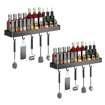 2X 42cm Black Wall-Mounted Rectangular Kitchen Spice Storage Organiser Space Saving Condiments Shelf Rack with Hooks image