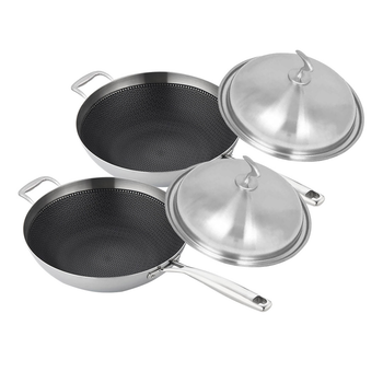 2X 18/10 Stainless Steel Fry Pan 34cm Frying Pan Top Grade Textured Non Stick Interior Skillet with Helper Handle and Lid image
