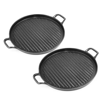2X 30cm Ribbed Cast Iron Frying Pan Skillet Coating Steak Sizzle Platter image