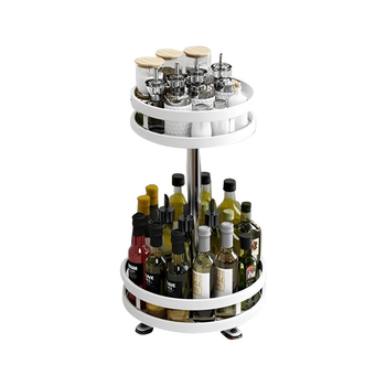 2 Tier Steel White Round Rotating Multi-Function Kitchen Portable Storage Spice Seasoning Kitchen Countertop Organiser Shelf image