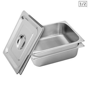 2X Gastronorm GN Pan Full Size 1/2 GN Pan 10cm Deep Stainless Steel Tray With Lid image