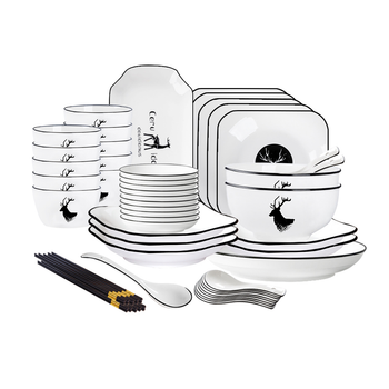 White Antler Printed Ceramic Dinnerware Set Crockery Soup Bowl Plate Server Kitchen Home Decor Set of 34 image