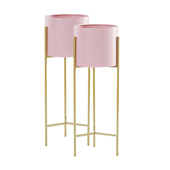 2X 2 Layer 42cm Gold Metal Plant Stand with Pink Flower Pot Holder Corner Shelving Rack Indoor Display image