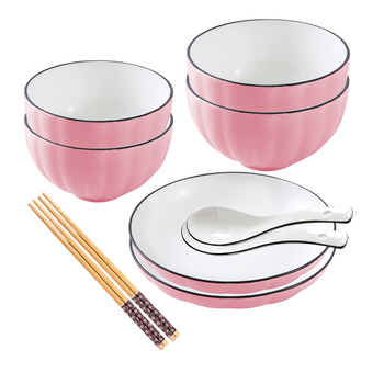 Pink Japanese Style Ceramic Dinnerware Crockery Soup Bowl Plate Server Kitchen Home Decor Set of 6 image