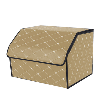 Leather Car Boot Collapsible Foldable Trunk Cargo Organizer Portable Storage Box Beige/Gold Stitch Medium image