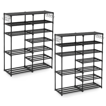 2X 12-Shelf Tier Shoe Storage Shelf Space-Saving Caddy Rack Organiser with Side Hooks Black image