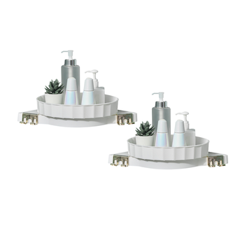 2X White 360 Degree Wall-Mounted Rotating Bathroom Organiser Corner Vanity Rack Toilet Adhesive Storage Shelf image