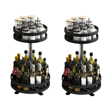 2X 2 Tier Steel Black Round Rotating Multi-Function Kitchen Portable Storage Spice Seasoning Kitchen Countertop Organiser Shelf image