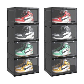2X 4 Tier Black Portable Shoe Organiser Sneaker Footwear Folding Plastic Bin Stackable Storage Box with Magnetic Door image