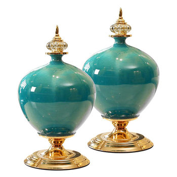 2X 38cm Ceramic Oval Flower Vase with Gold Metal Base Green image
