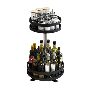 2 Tier Steel Black Round Rotating Multi-Function Kitchen Portable Storage Spice Seasoning Kitchen Countertop Organiser Shelf image