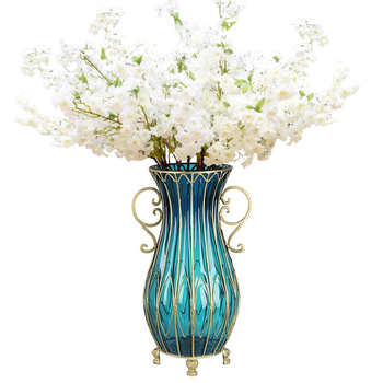51cm Blue Glass Tall Floor Vase and 10pcs White Artificial Fake Flower Set image