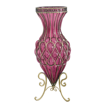 67cm Purple Glass Tall Floor Vase with Metal Flower Stand image