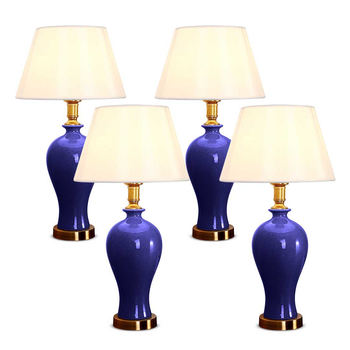 4X Blue Ceramic Oval Table Lamp with Gold Metal Base image